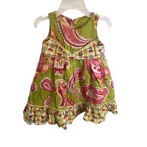 Jelly The Pug Girls Pink Green Paisley Polka Dot Bow Sundress Dress Size 4 5